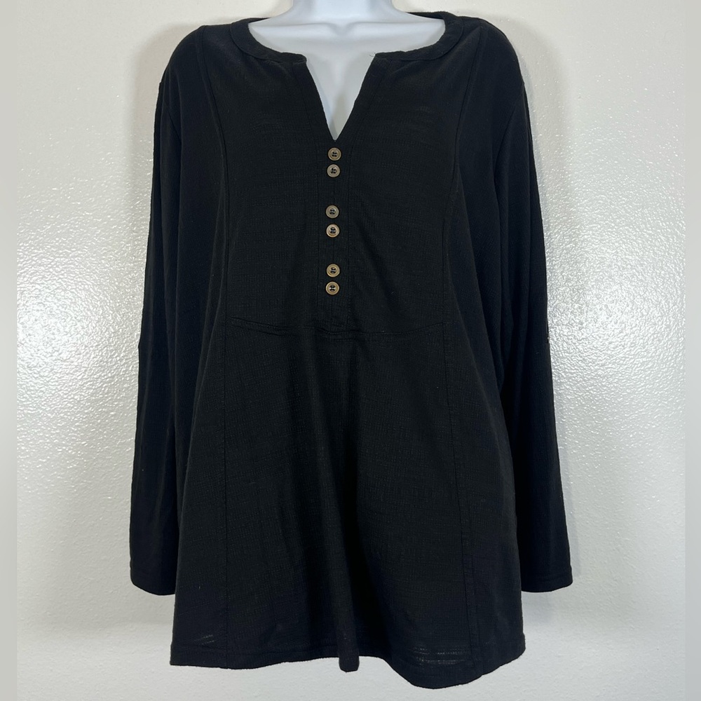 Jane + Delancey Black Henley Tunic Top 2X Long Sleeve Button Front Blouse